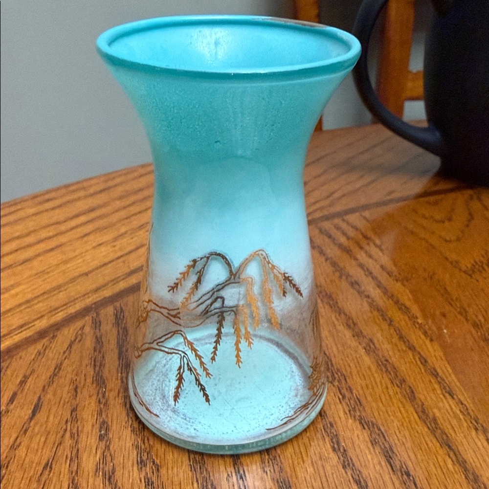 Vintage 1950s Atomic Age Style Small Vase Turquoise Gold Artistic Willow Temple
